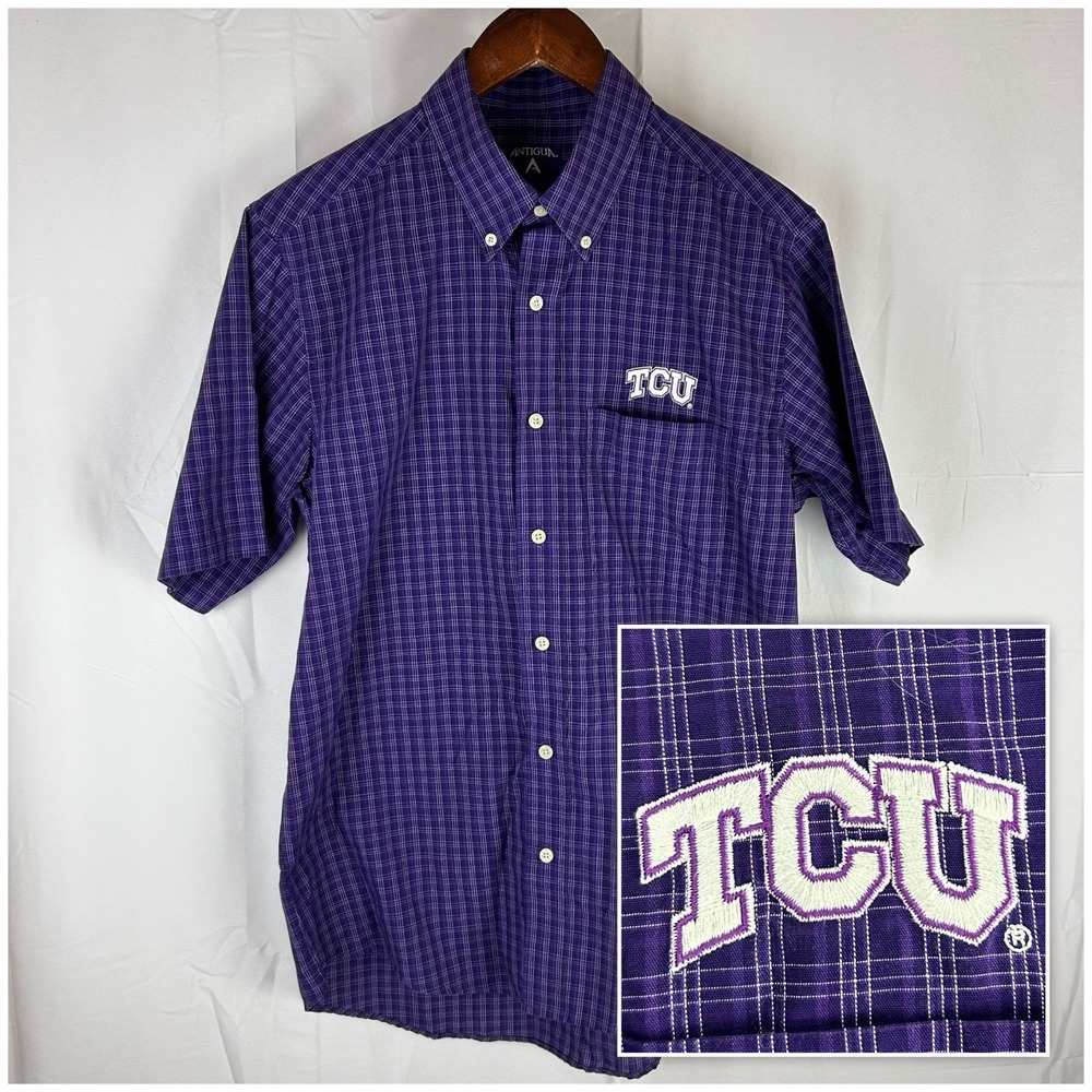 TCU Horned Frogs Men's Antigua Purple Short Sleeve Button Down Shirt Size Medium